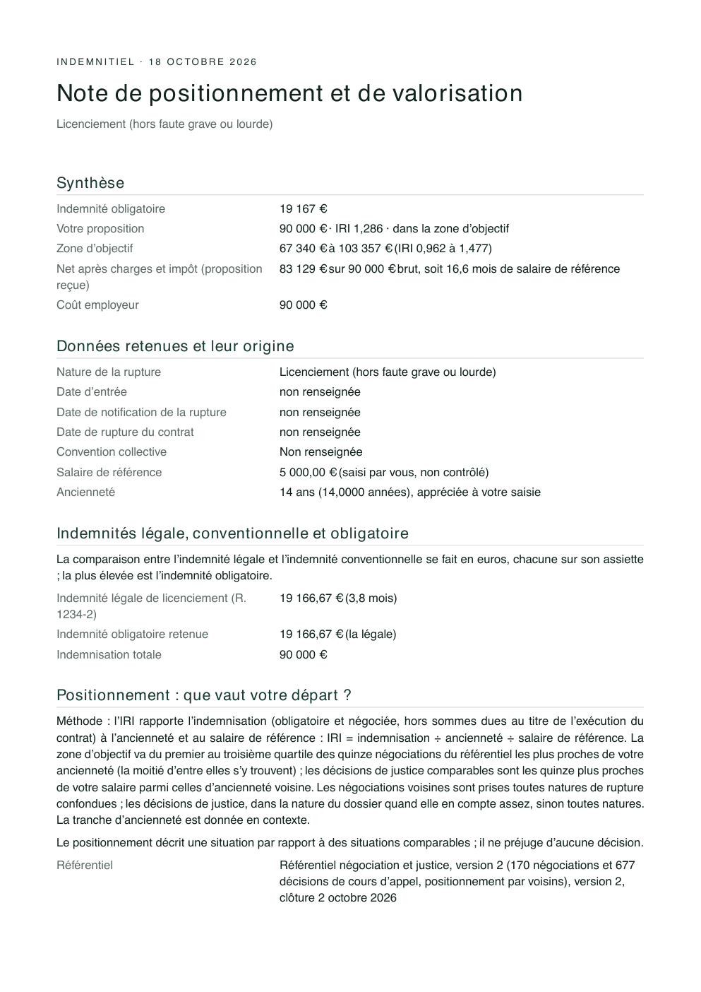 Première page de la note de positionnement et de valorisation de l’exemple : synthèse, données retenues et leur origine, indemnités légale et obligatoire, méthode du positionnement